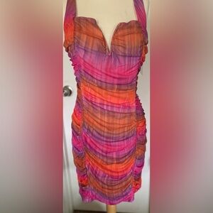 Fashion Nova Pink and Orange Ruched Bodycon Dress
